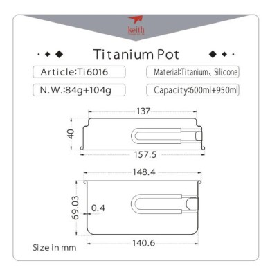 Keith Titanium Pot And Pan 2-Piece Cook Set 950/600ml Camping